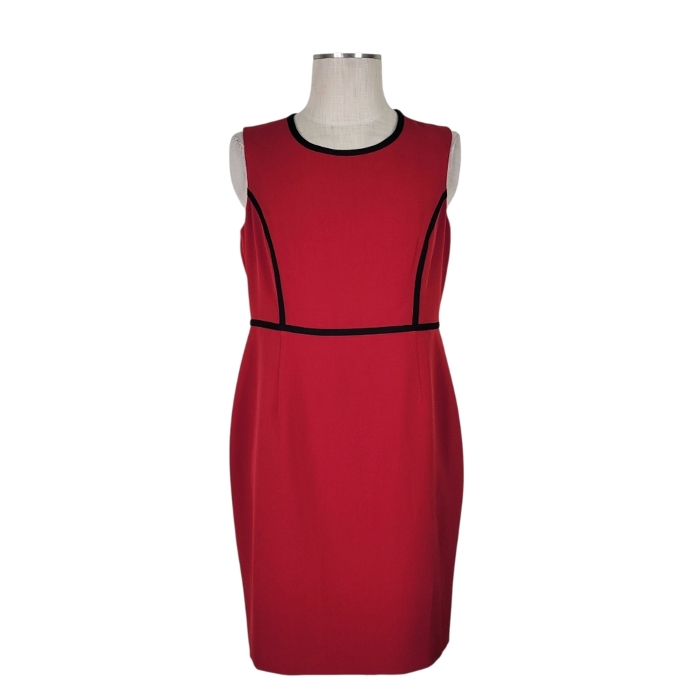 Kasper Dress Size 10P Red Black Trim Sleeveless Kick Pleat Back Zipper Lined - Picture 2 of 10